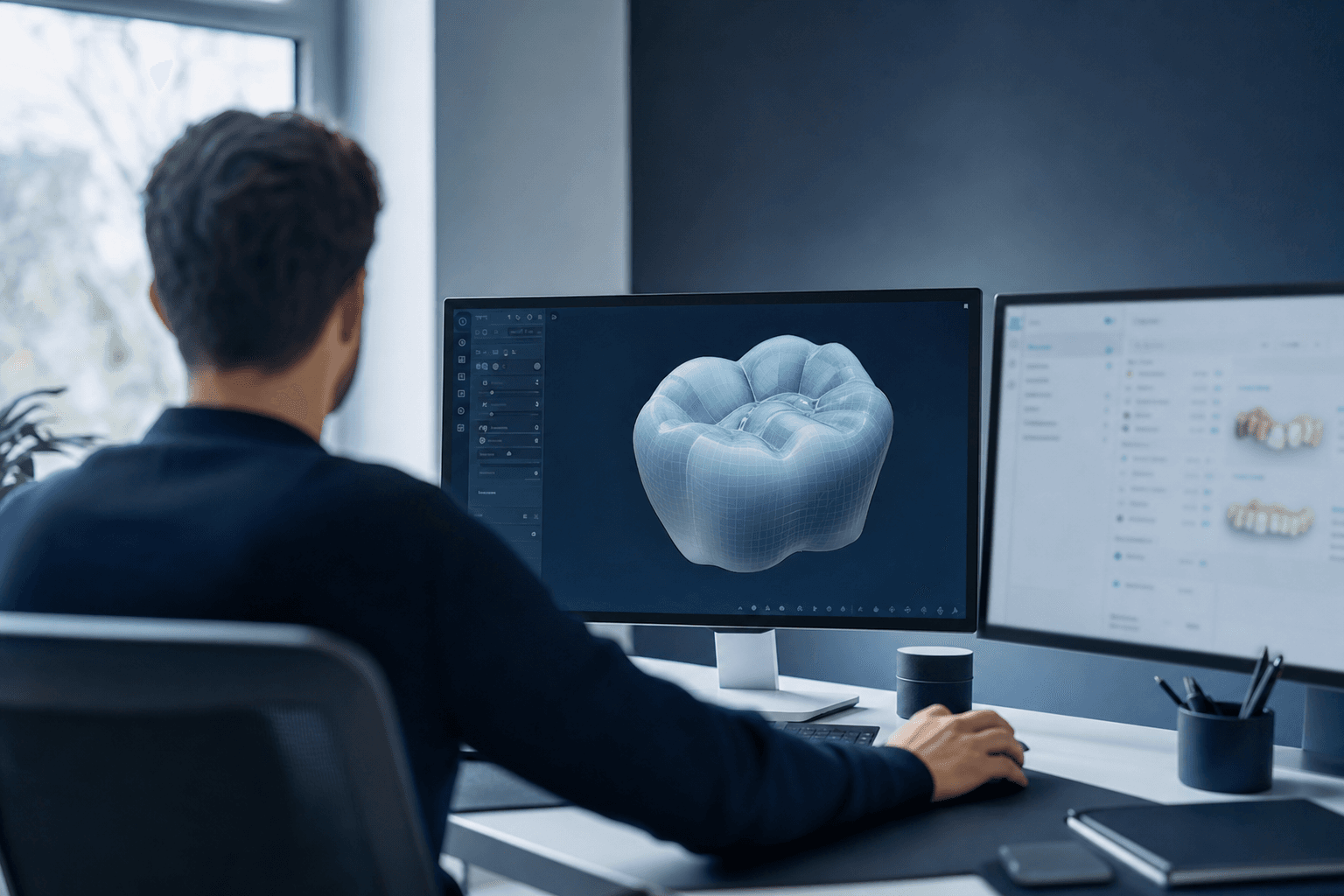 مصمِّم أسنان يحسّن تاجًا ثلاثي الأبعاد في برنامج CAD على محطة عمل بشاشتين.