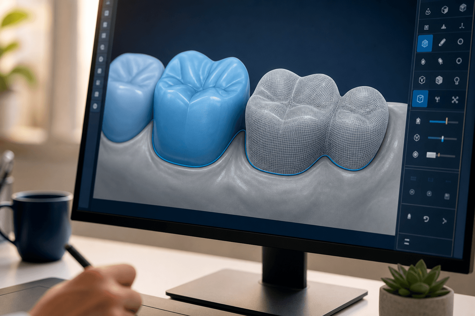 لقطة مقرّبة لتاج وجسر أسنان ثلاثي الأبعاد في CAD، معروضَين مظلَّلين وكهيكل شبكي.