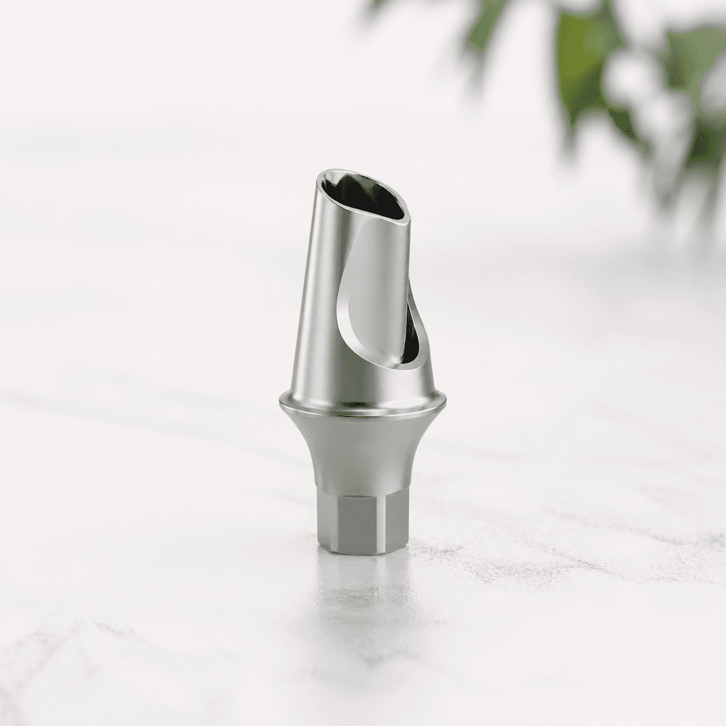 Studio photograph of a custom titanium dental abutment.