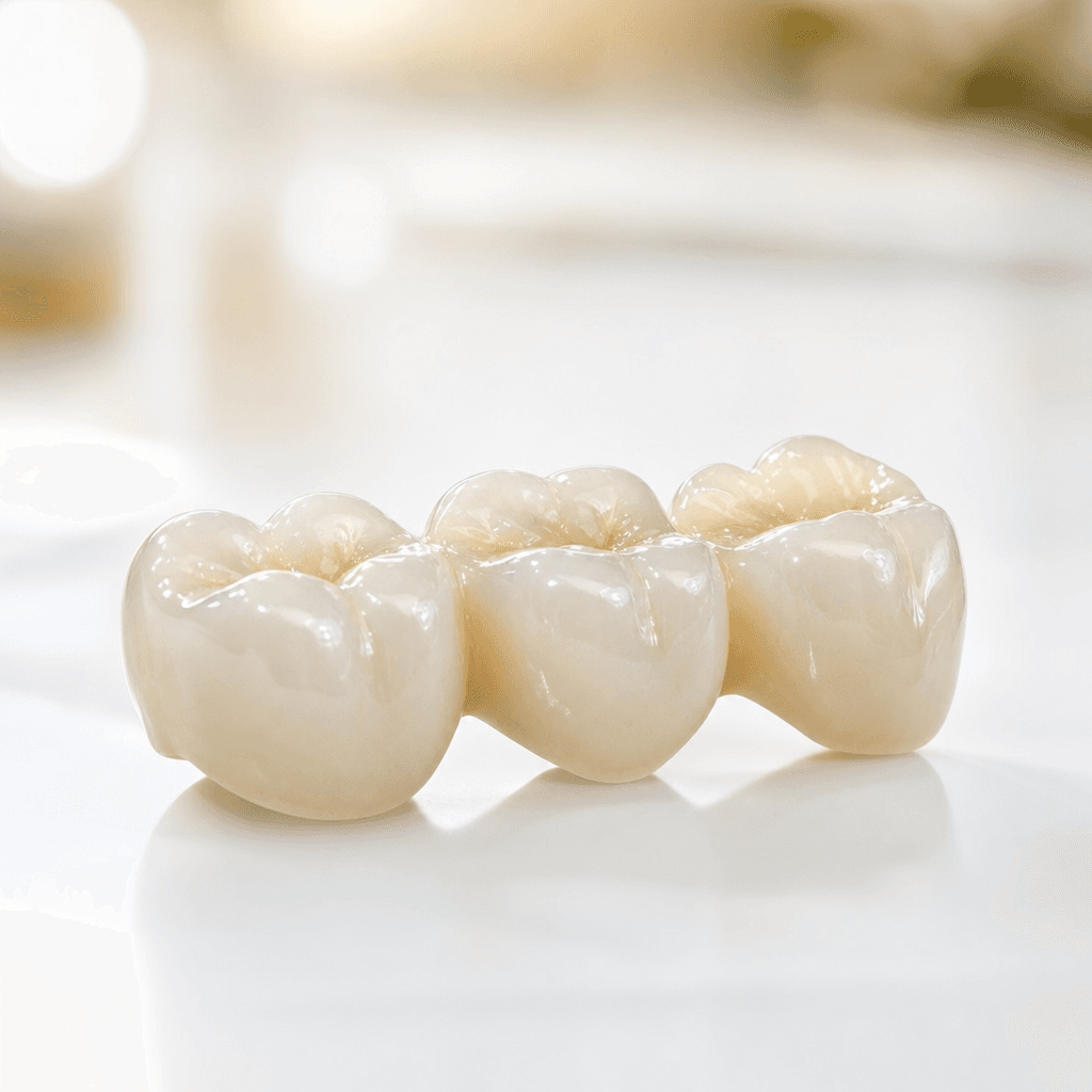 Studio photograph of a multi-unit dental bridge design.