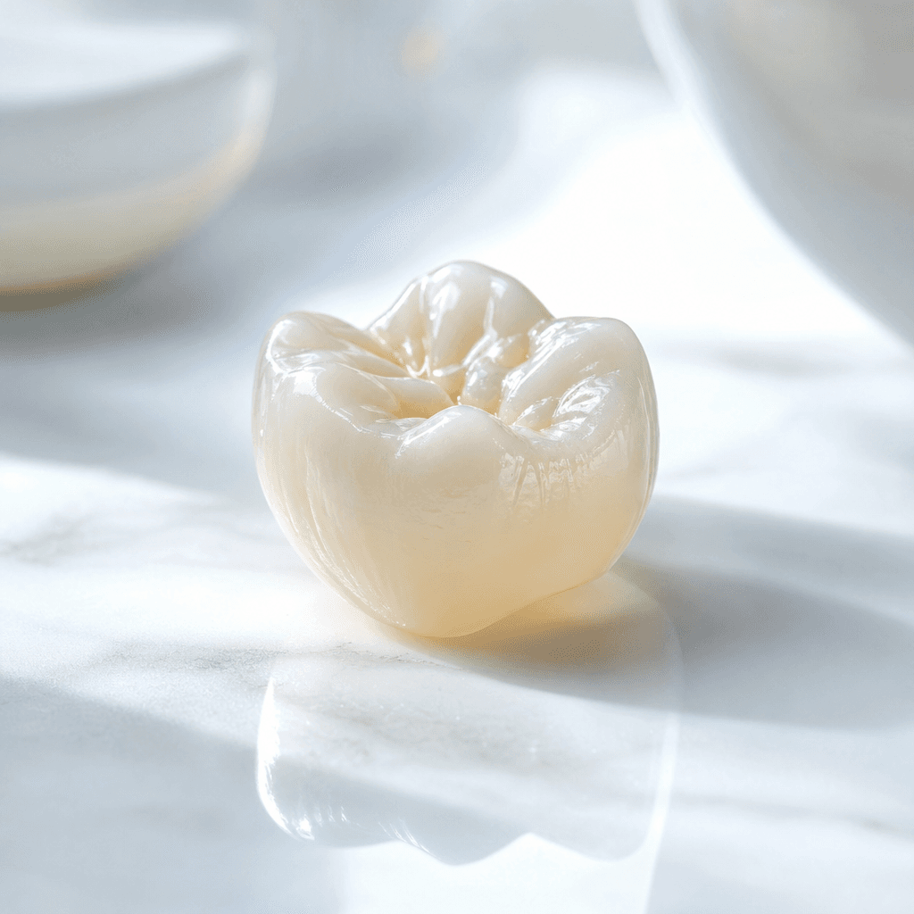 Studio photograph of a single ceramic dental crown design.