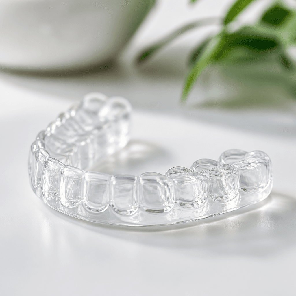 Studio photograph of a clear nightguard dental splint.